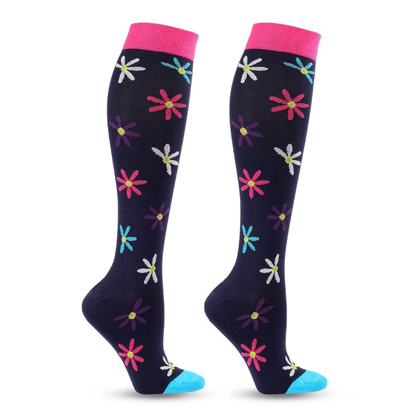 Knee-High Compression Socks for Men & Women, Black Flower Pattern Sports Stockings for Running, Hiking, Soccer & Basketball