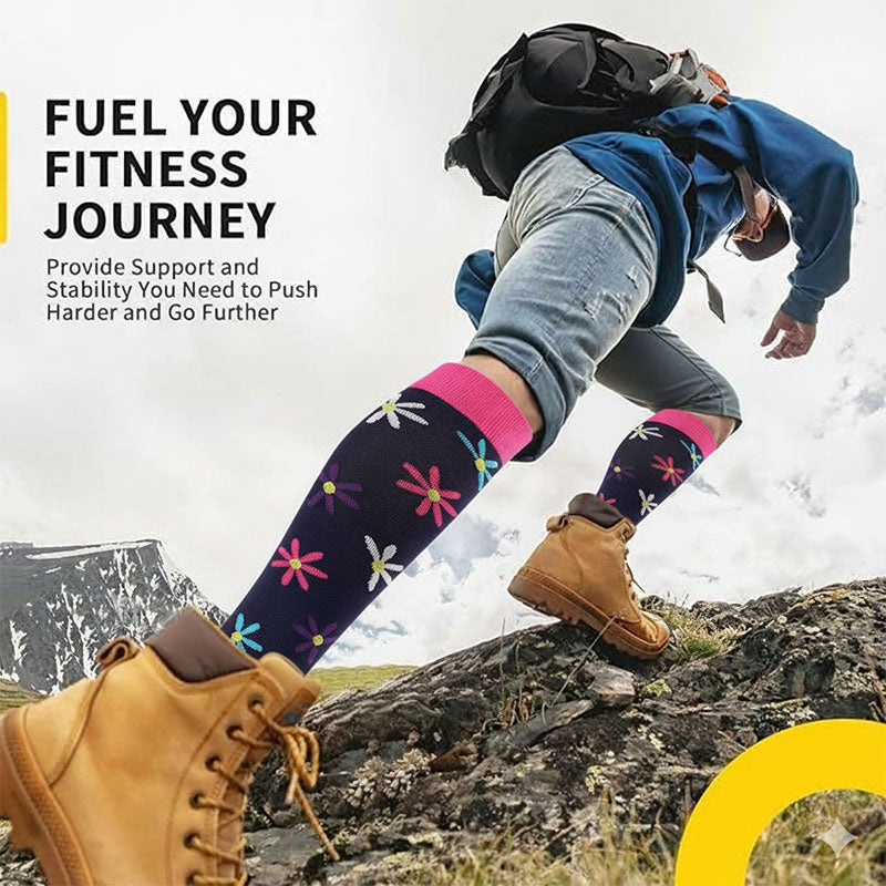 Knee-High Compression Socks for Men & Women, Black Flower Pattern Sports Stockings for Running, Hiking, Soccer & Basketball
