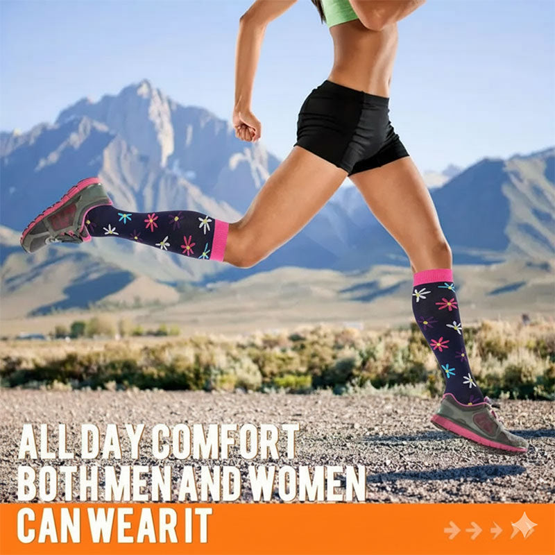 Knee-High Compression Socks for Men & Women, Black Flower Pattern Sports Stockings for Running, Hiking, Soccer & Basketball