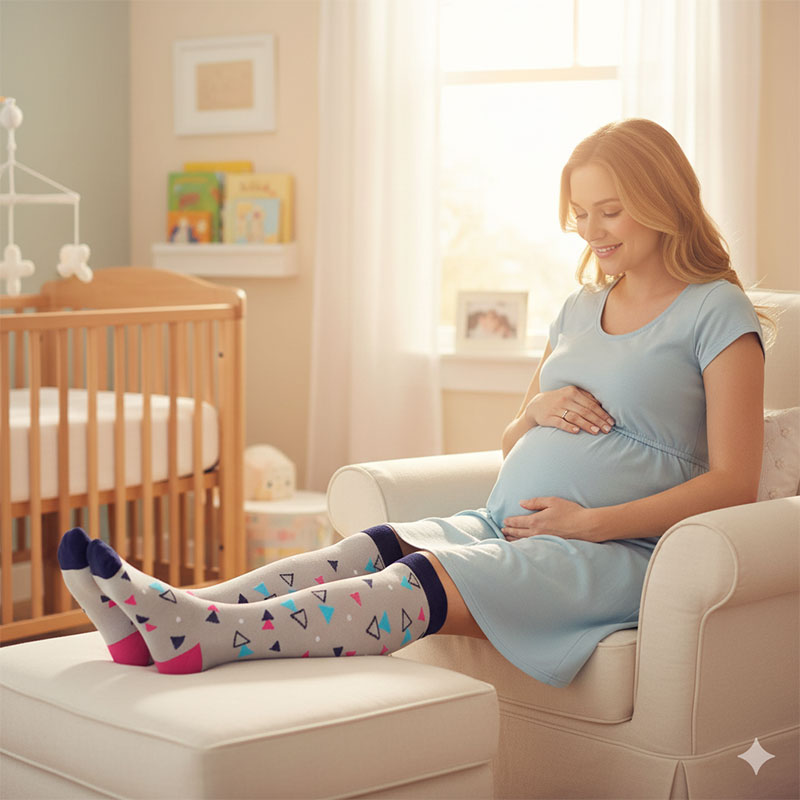 Knee-High Compression Socks for Men & Women, Triangle Pattern Gray Sports Stockings for Travel, Flight & Everyday Wear