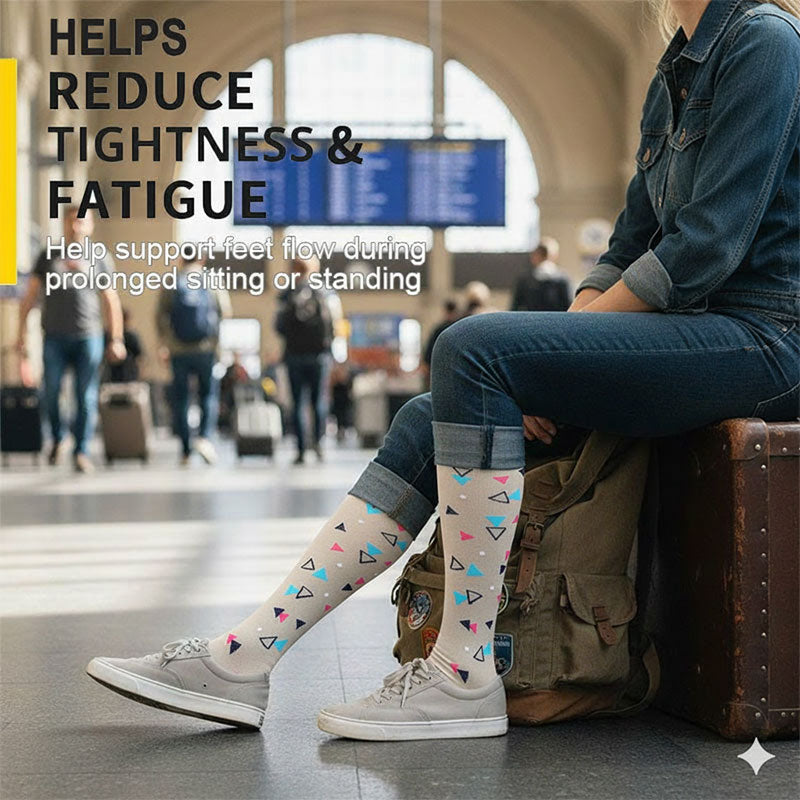 Knee-High Compression Socks for Men & Women, Triangle Pattern Gray Sports Stockings for Travel, Flight & Everyday Wear