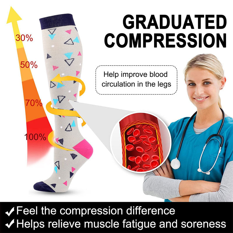 Knee-High Compression Socks for Men & Women, Triangle Pattern Gray Sports Stockings for Travel, Flight & Everyday Wear
