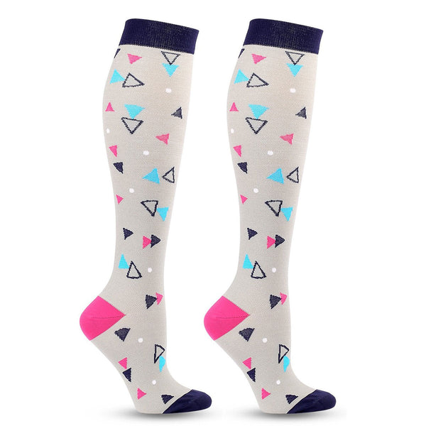 Knee-High Compression Socks for Men & Women, Triangle Pattern Gray Sports Stockings for Travel, Flight & Everyday Wear