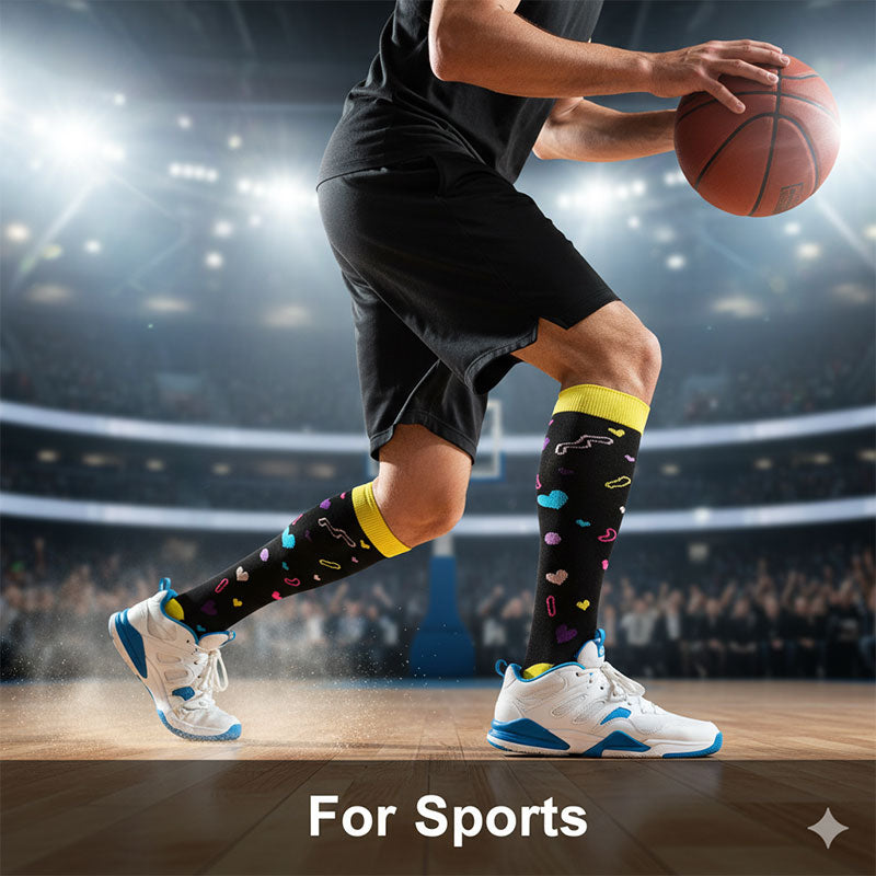 Knee-High Compression Socks for Men & Women, Black Heart Pattern Sports Stockings for Running, Hiking, Basketball