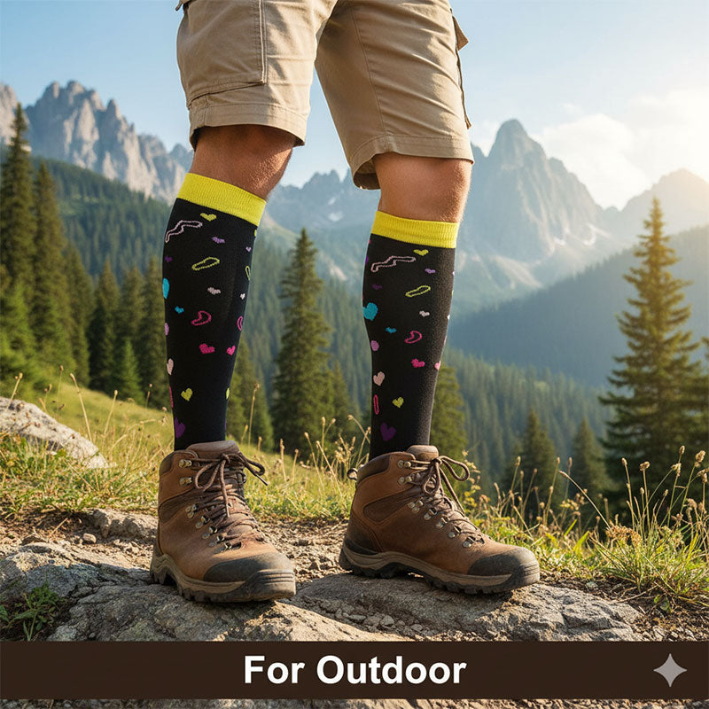 Knee-High Compression Socks for Men & Women, Black Heart Pattern Sports Stockings for Running, Hiking, Basketball