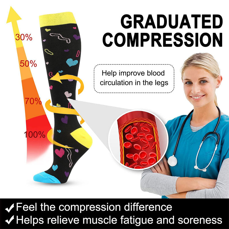 Knee-High Compression Socks for Men & Women, Black Heart Pattern Sports Stockings for Running, Hiking, Basketball