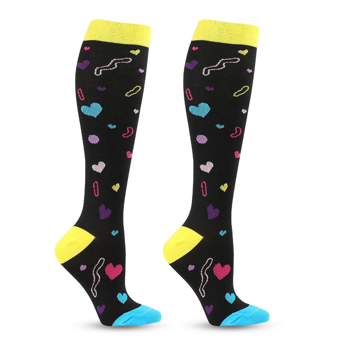 Knee-High Compression Socks for Men & Women, Black Heart Pattern Sports Stockings for Running, Hiking, Basketball