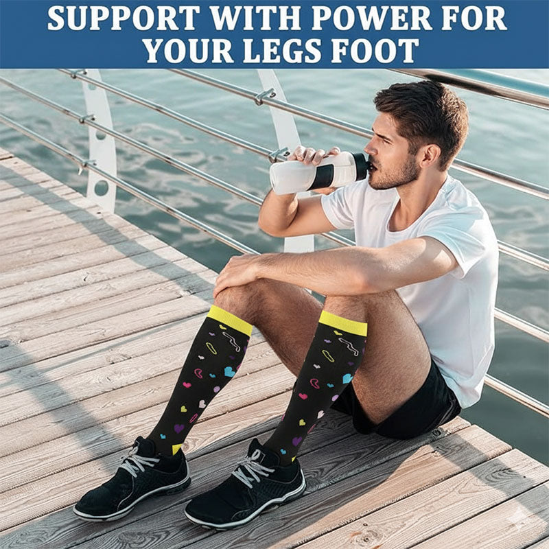 Knee-High Compression Socks for Men & Women, Black Heart Pattern Sports Stockings for Running, Hiking, Basketball