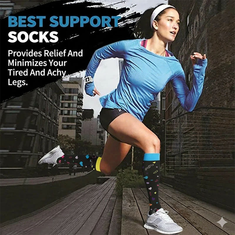Knee-High Compression Socks for Men & Women, Black Heart Pattern Sports Stockings for Running, Hiking, Basketball