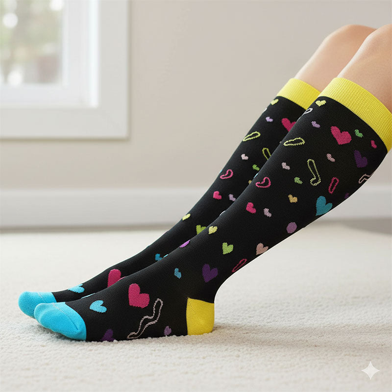 Knee-High Compression Socks for Men & Women, Black Heart Pattern Sports Stockings for Running, Hiking, Basketball