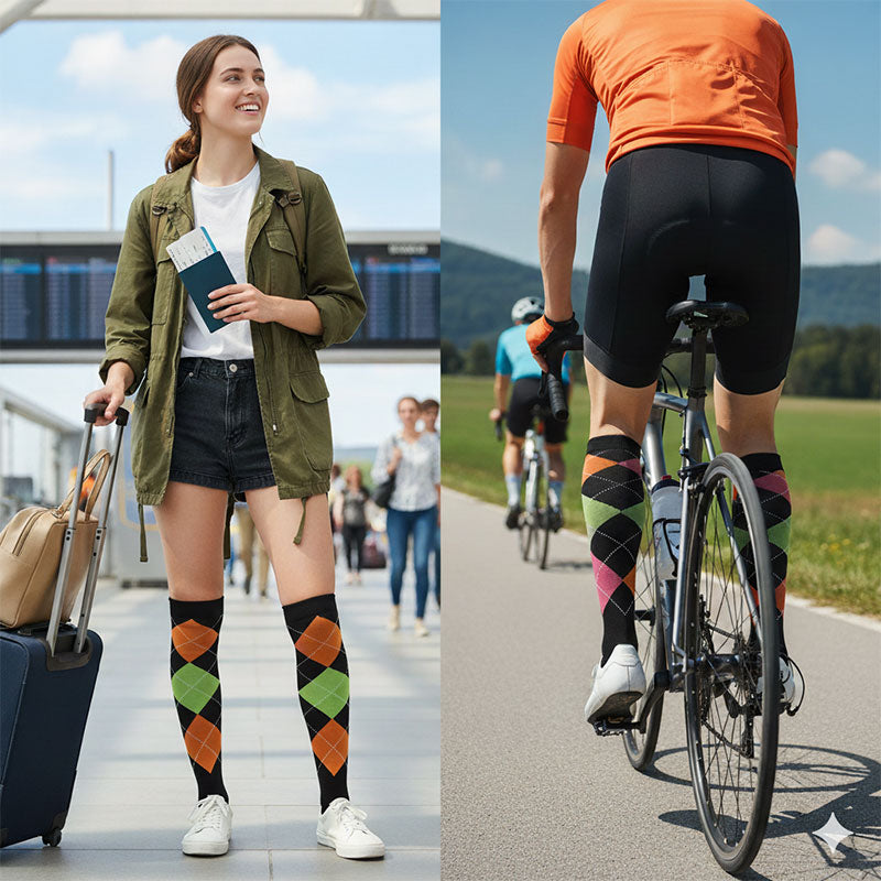 Knee-High Compression Socks for Men & Women, Lozenge Pattern Black Sports Stockings for Travel, Flights & Cycling