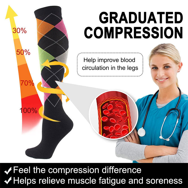 Knee-High Compression Socks for Men & Women, Lozenge Pattern Black Sports Stockings for Travel, Flights & Cycling