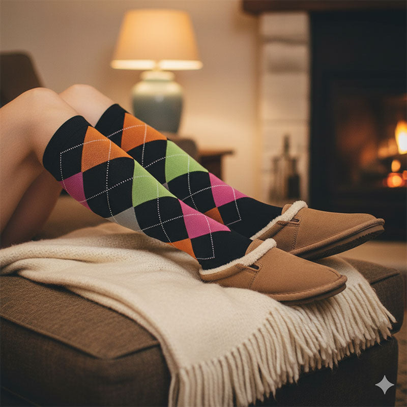 Knee-High Compression Socks for Men & Women, Lozenge Pattern Black Sports Stockings for Travel, Flights & Cycling