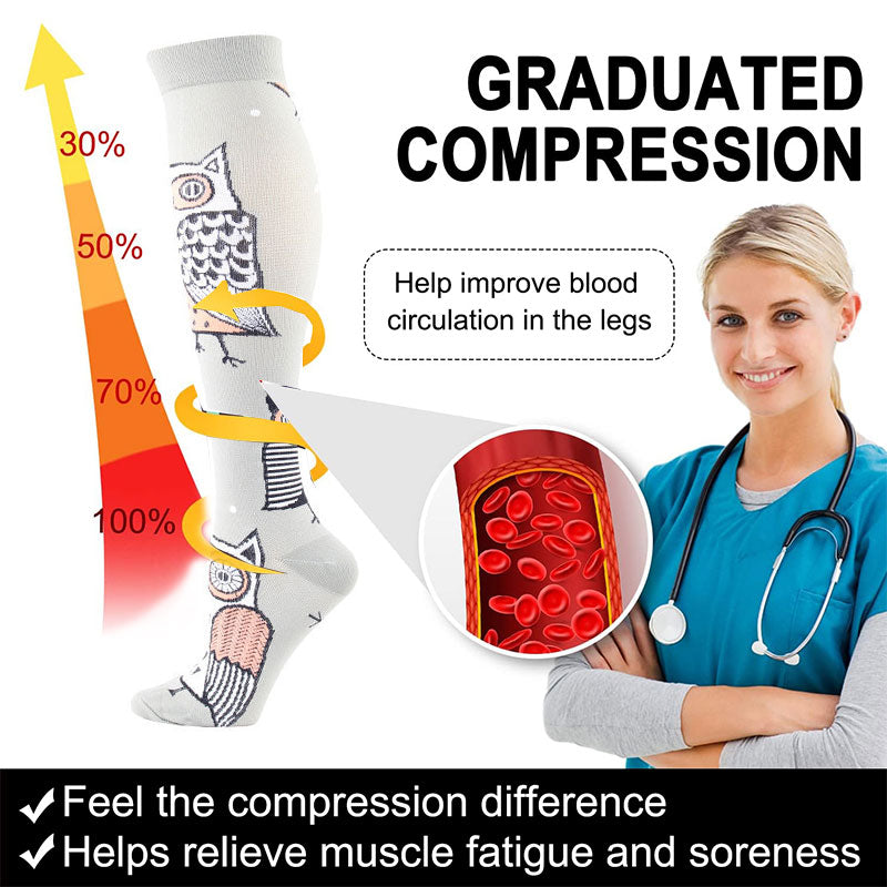 Knee-High Compression Socks for Men & Women, Owl Pattern Sports Stockings for Travel, Flight & Outdoor Hiking