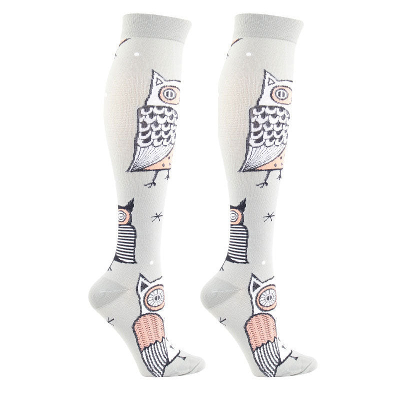 Knee-High Compression Socks for Men & Women, Owl Pattern Sports Stockings for Travel, Flight & Outdoor Hiking