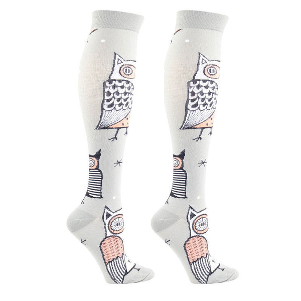 Knee-High Compression Socks for Men & Women, Owl Pattern Sports Stockings for Travel, Flight & Outdoor Hiking