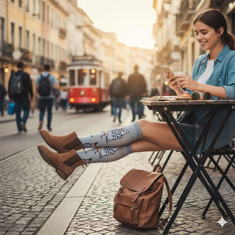 Knee-High Compression Socks for Men & Women, Owl Pattern Sports Stockings for Travel, Flight & Outdoor Hiking