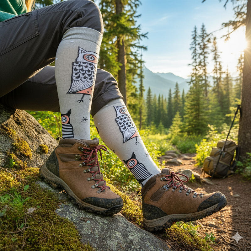 Knee-High Compression Socks for Men & Women, Owl Pattern Sports Stockings for Travel, Flight & Outdoor Hiking