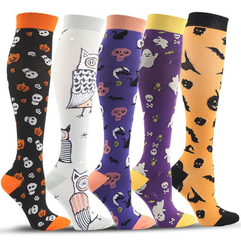 5 Pairs Knee-High Compression Socks Halloween Ghost Owl Pattern Sports Stockings for travel flights outdoor hiking