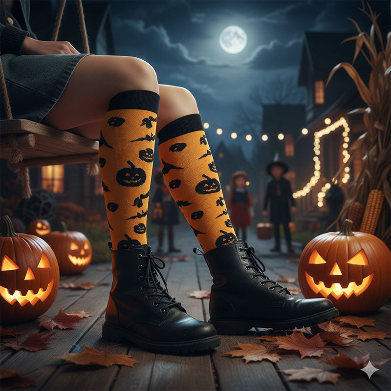 5 Pairs Knee-High Compression Socks Halloween Ghost Owl Pattern Sports Stockings for travel flights outdoor hiking