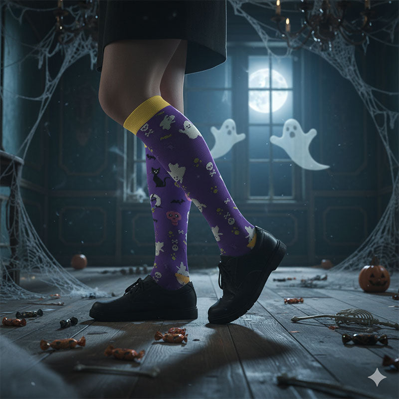 5 Pairs Knee-High Compression Socks Halloween Ghost Owl Pattern Sports Stockings for travel flights outdoor hiking