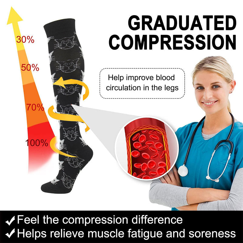 5 Pairs Kitten Pattern Knee-High Compression Socks for Travel, Flight, and Pregnancy – Unisex Sports Stockings