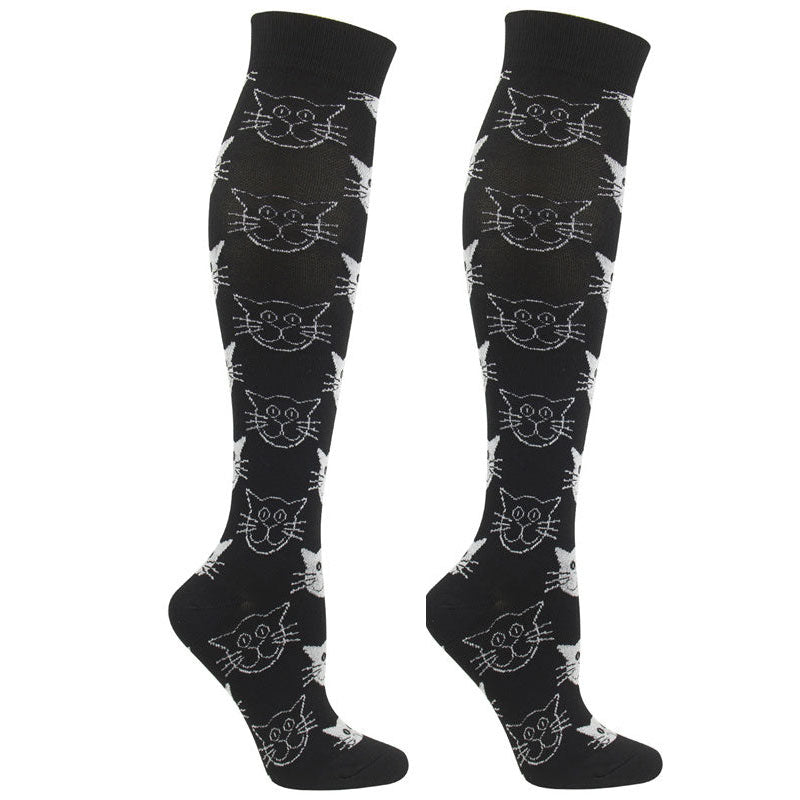 5 Pairs Kitten Pattern Knee-High Compression Socks for Travel, Flight, and Pregnancy – Unisex Sports Stockings