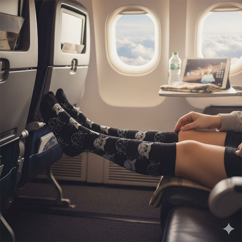 5 Pairs Kitten Pattern Knee-High Compression Socks for Travel, Flight, and Pregnancy – Unisex Sports Stockings