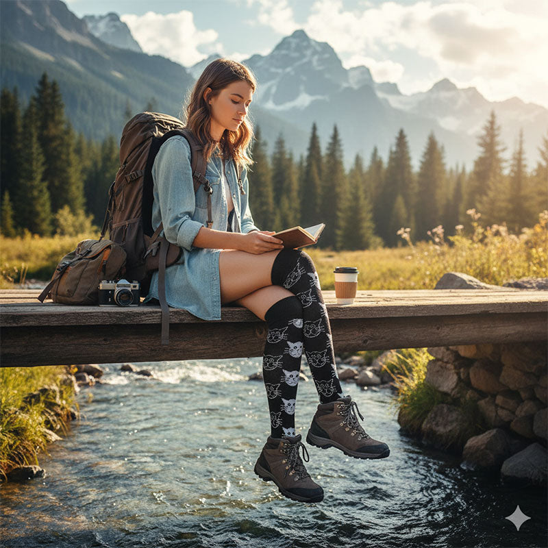 5 Pairs Kitten Pattern Knee-High Compression Socks for Travel, Flight, and Pregnancy – Unisex Sports Stockings