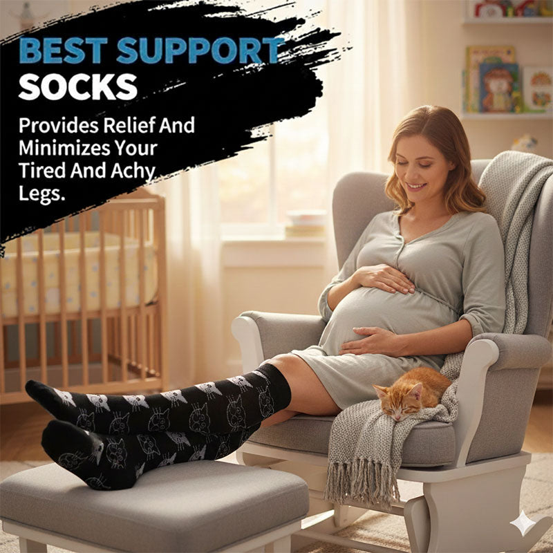 5 Pairs Kitten Pattern Knee-High Compression Socks for Travel, Flight, and Pregnancy – Unisex Sports Stockings