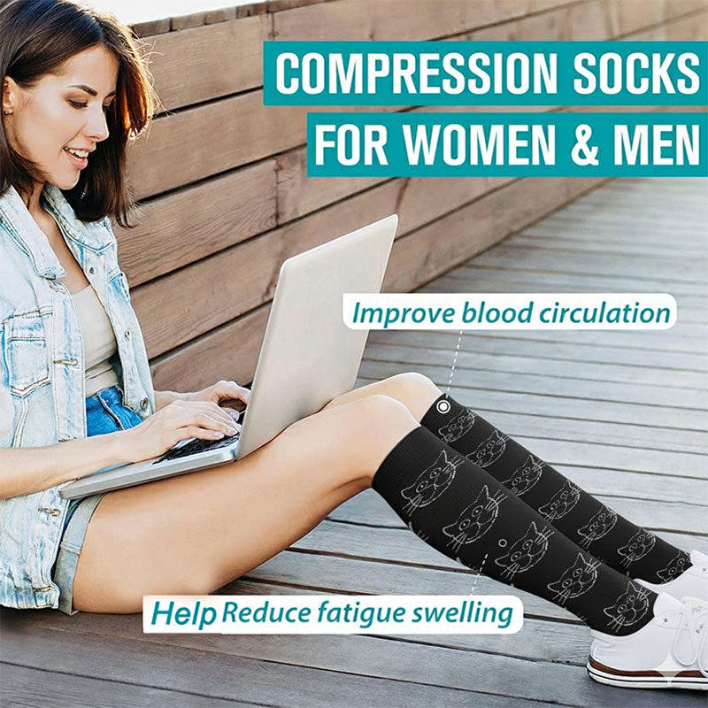 5 Pairs Kitten Pattern Knee-High Compression Socks for Travel, Flight, and Pregnancy – Unisex Sports Stockings