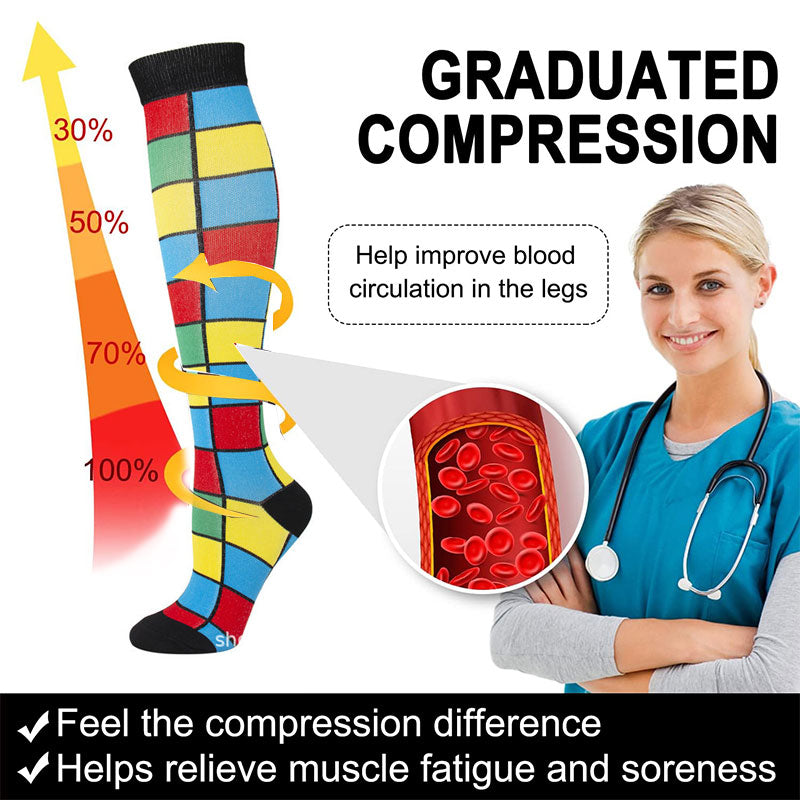 Tetris Pattern Knee-High Compression Socks for Sports, Running, Hiking & Travel