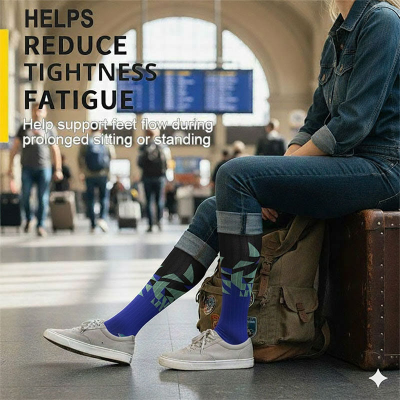 Knee-High Compression Socks for Men & Women, Geometric Pattern Sports Nylon Stockings for Travel, Flights & Everyday Wear