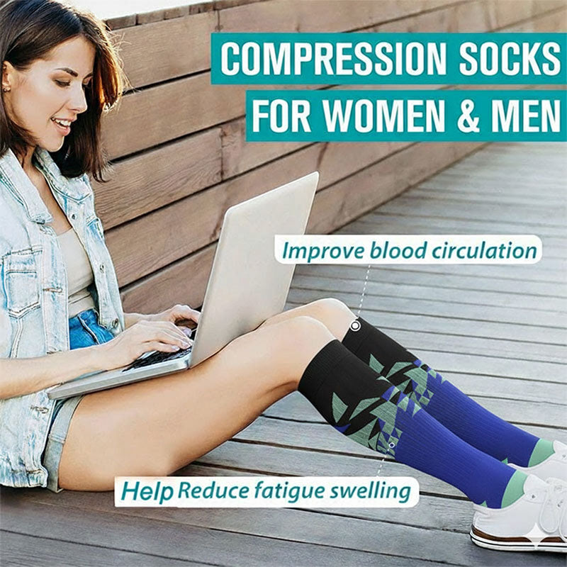 Knee-High Compression Socks for Men & Women, Geometric Pattern Sports Nylon Stockings for Travel, Flights & Everyday Wear