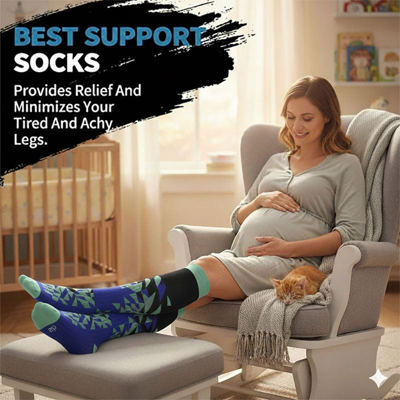 Knee-High Compression Socks for Men & Women, Geometric Pattern Sports Nylon Stockings for Travel, Flights & Everyday Wear