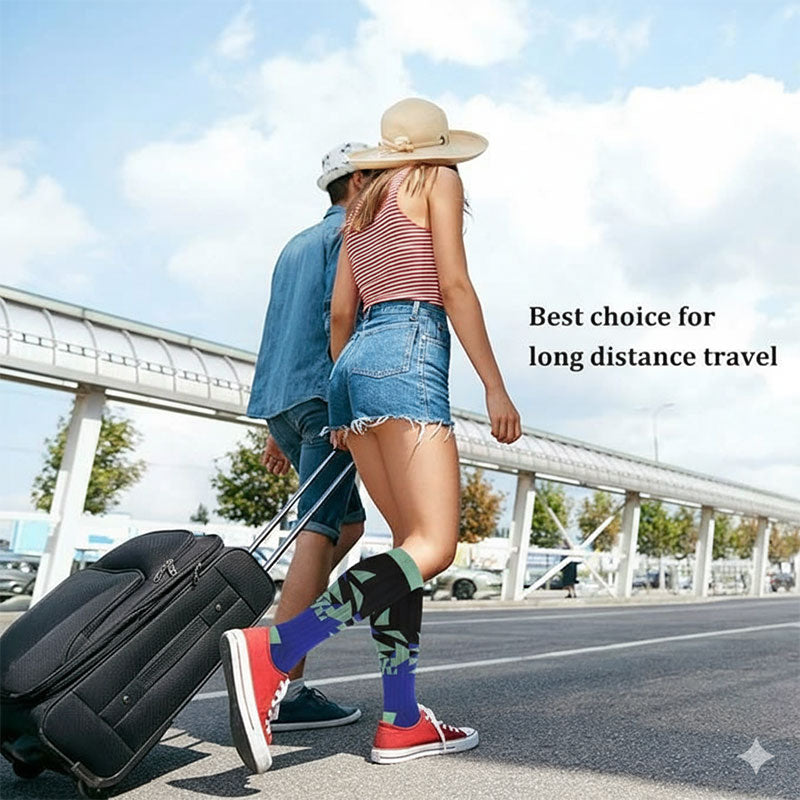 Knee-High Compression Socks for Men & Women, Geometric Pattern Sports Nylon Stockings for Travel, Flights & Everyday Wear