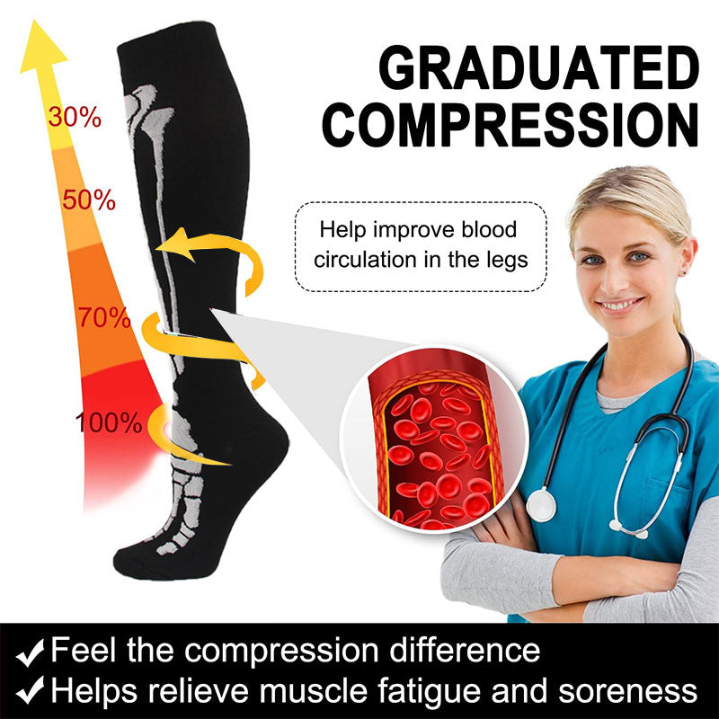 Knee-High Compression Socks for Men & Women, Bones Pattern Sports Nylon Stockings for Travel, Flights, Running & Athletics