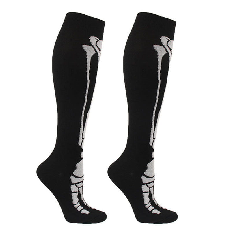 Knee-High Compression Socks for Men & Women, Bones Pattern Sports Nylon Stockings for Travel, Flights, Running & Athletics