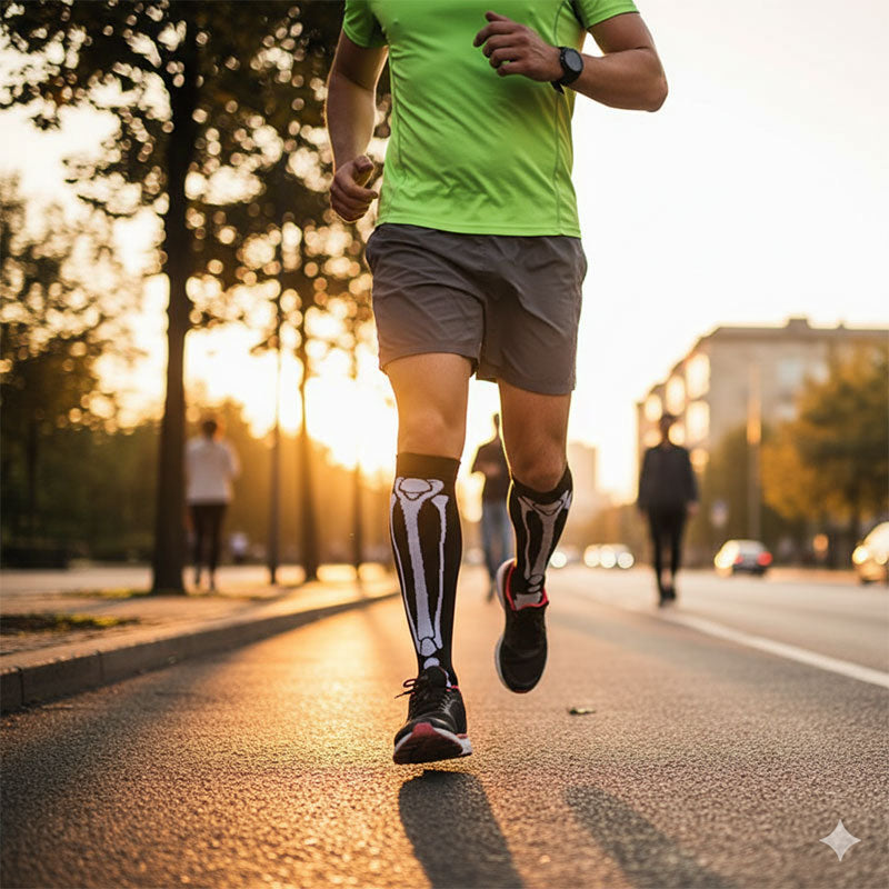 Knee-High Compression Socks for Men & Women, Bones Pattern Sports Nylon Stockings for Travel, Flights, Running & Athletics