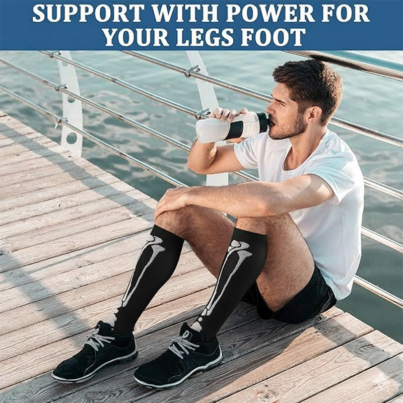 Knee-High Compression Socks for Men & Women, Bones Pattern Sports Nylon Stockings for Travel, Flights, Running & Athletics