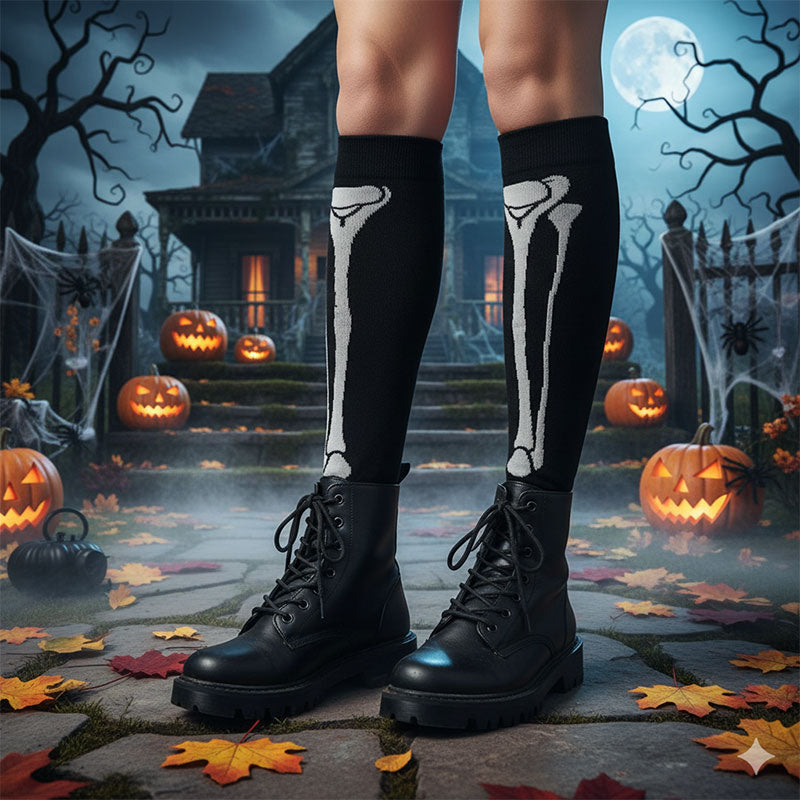 Knee-High Compression Socks for Men & Women, Bones Pattern Sports Nylon Stockings for Travel, Flights, Running & Athletics