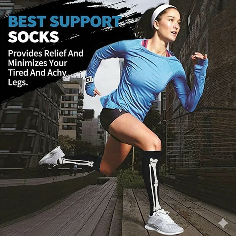Knee-High Compression Socks for Men & Women, Bones Pattern Sports Nylon Stockings for Travel, Flights, Running & Athletics