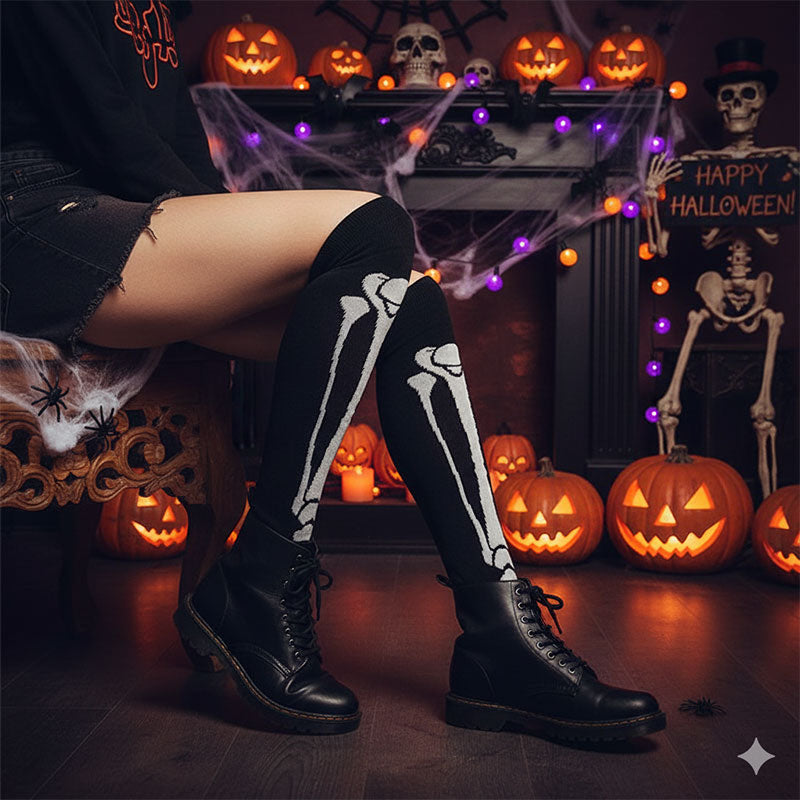 Knee-High Compression Socks for Men & Women, Bones Pattern Sports Nylon Stockings for Travel, Flights, Running & Athletics