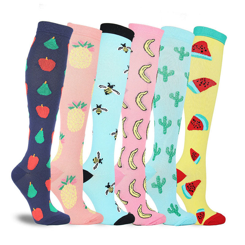 6 Pairs Knee-High Compression Socks Fruits Bee Cactus Pattern Sports Stockings for hiking outdoor activities pregnant