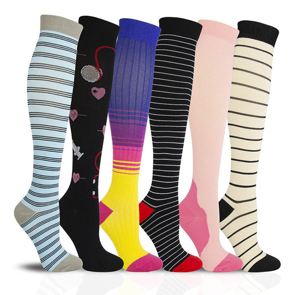 6 Pairs 20–30 mmHg Knee-High Compression Socks for Men & Women, Striped Sports Stockings for Running, Basketball & Athletic Activities