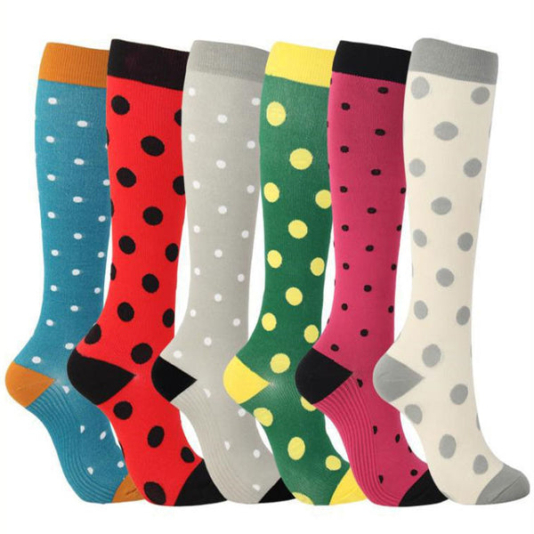 6 Pairs Knee-High Compression Socks Dots Pattern Sports Stockings for Hiking Travel Flights