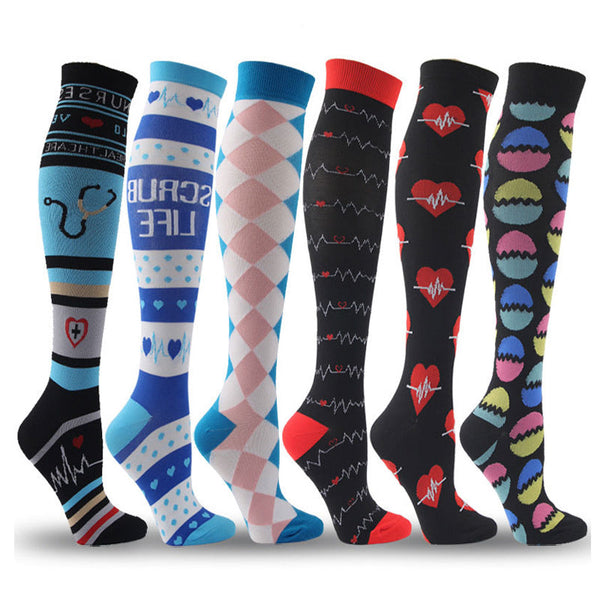 6 Pairs Knee-High Compression Socks with Medical-Themed Pattern, Sports Stockings for Nurses & Everyday Wear