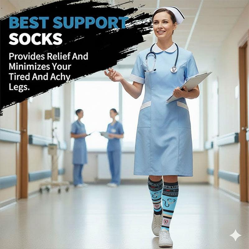 6 Pairs Knee-High Compression Socks with Medical-Themed Pattern, Sports Stockings for Nurses & Everyday Wear
