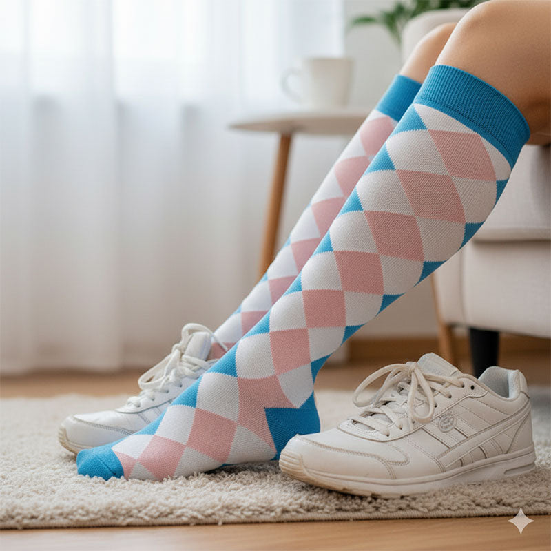 6 Pairs Knee-High Compression Socks with Medical-Themed Pattern, Sports Stockings for Nurses & Everyday Wear