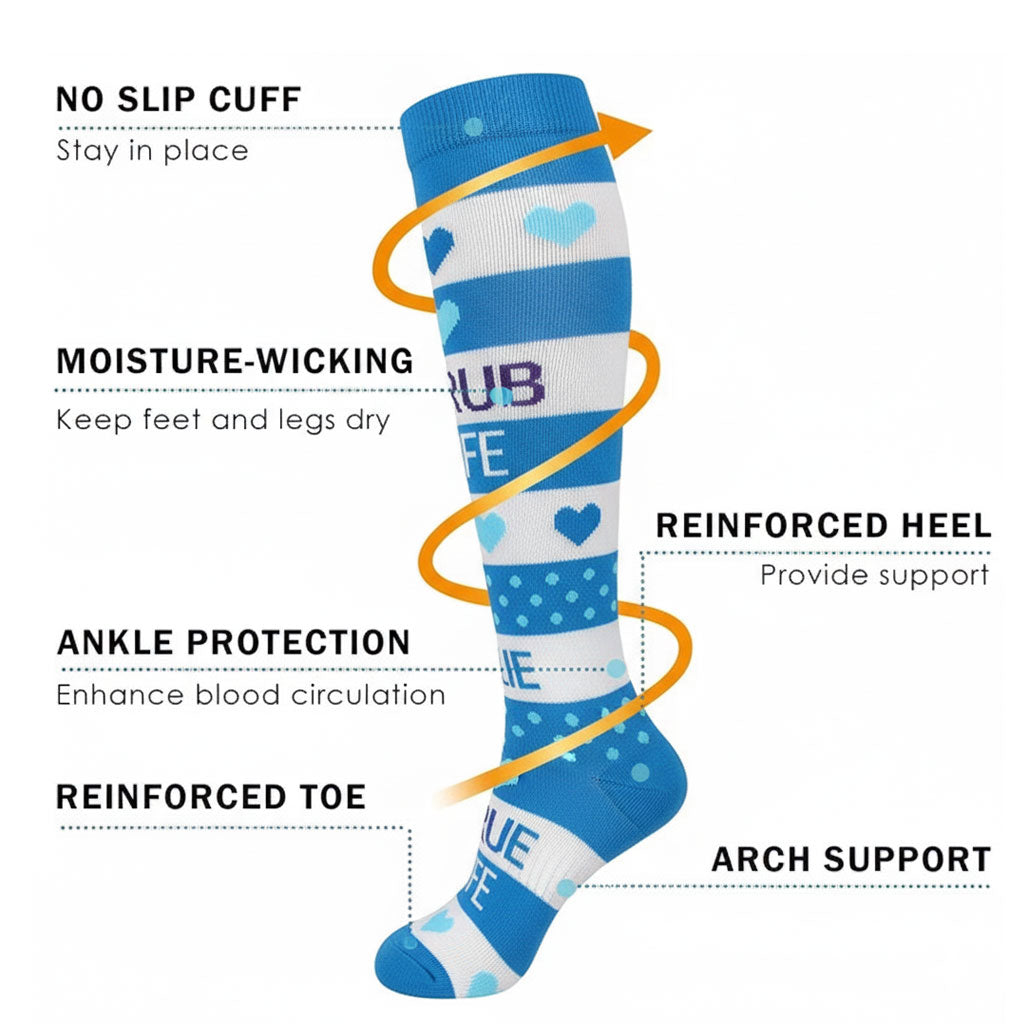 6 Pairs Knee-High Compression Socks with Medical-Themed Pattern, Sports Stockings for Nurses & Everyday Wear